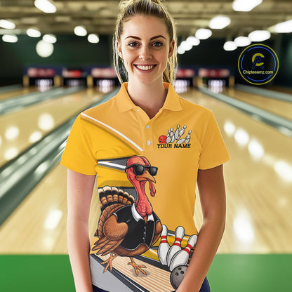 Custom Yellow Funny Turkey Bowling Team Shirts For Women, Thanksgiving Bowler Outfits IPHW7885