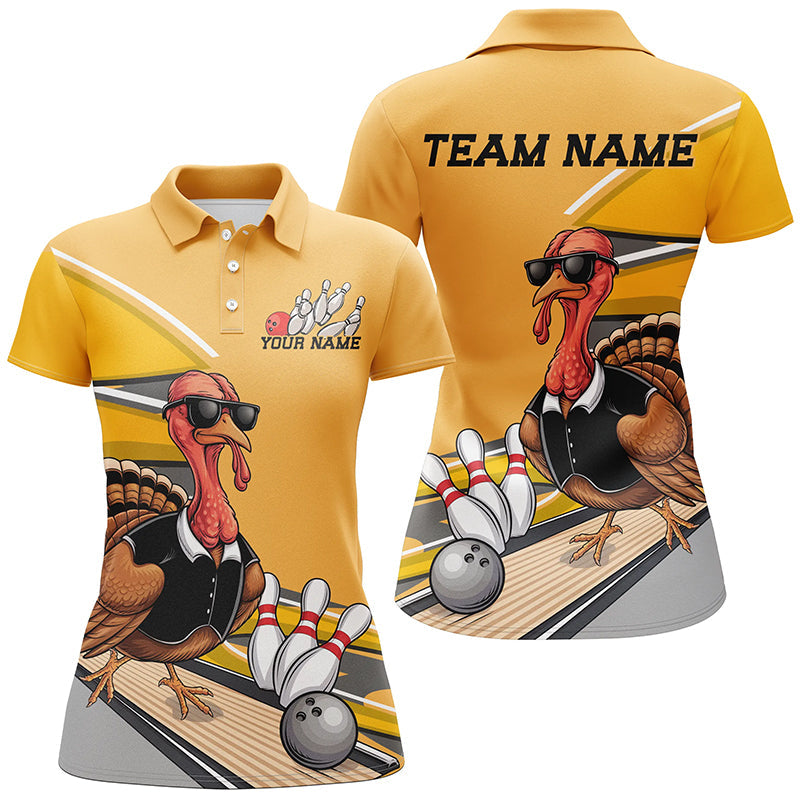 Custom Yellow Funny Turkey Bowling Team Shirts For Women, Thanksgiving Bowler Outfits IPHW7885