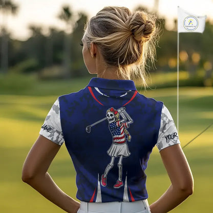 USA flag camo golf outfits funny skull golf polo shirts for Women custom patriotic golf shirts ladies NQS11400