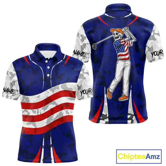 USA flag camo golf outfits funny skull matching men and womens golf shirts custom patriotic golf tops NQS11400