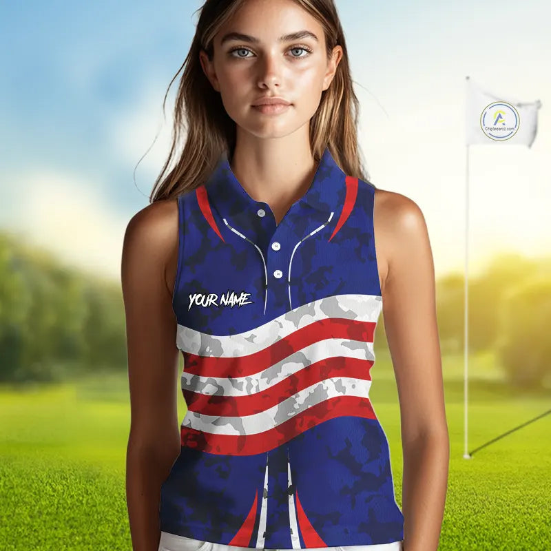 USA flag camo golf outfits funny skull ladies sleeveless golf tops custom patriotic golf shirt ladies NQS11400