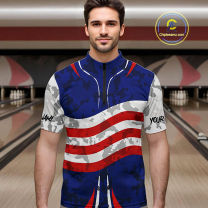 Camo American flag bowling jersey custom bowling polo, 1/4 zip shirts for men, bowling league shirts NQS11401
