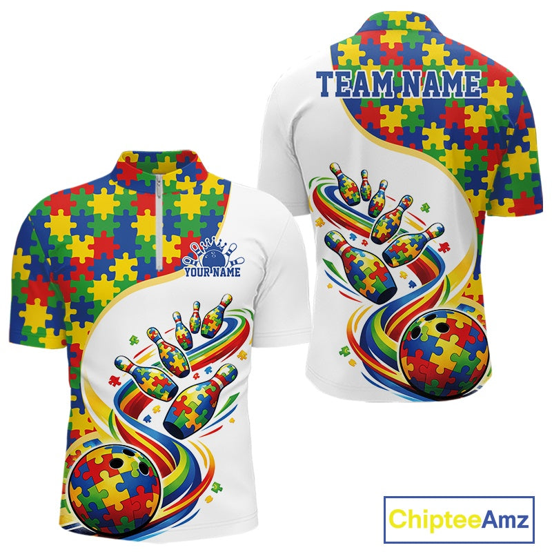 Front And Back View Of White Mens Bowling Quarter-Zip Shirt Mockup With Autism Bowling Strike Illustration And Vibrant Puzzle Pattern Design
