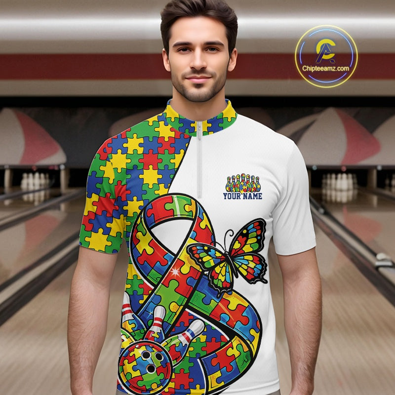 Inside Bowling Center, Front View Male Model Wearing White Quarter-Zip Shirt, Autism Ribbon Puzzle Artwork With Butterfly And Dynamic Bowling Strike Scene