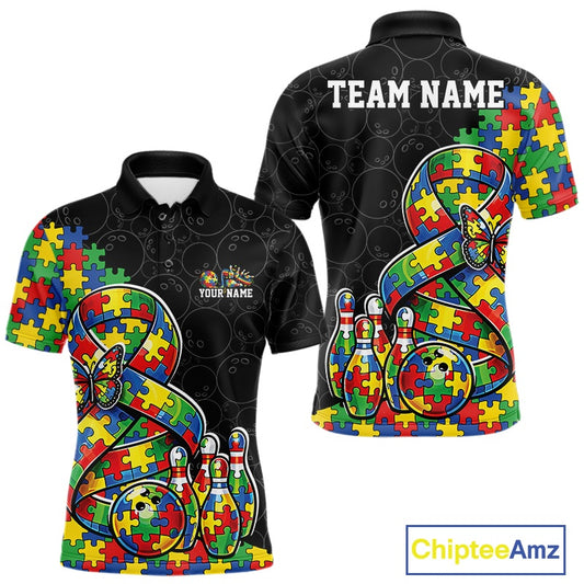 Men’s bowling polo shirt mockup front and back showcasing large autism awareness ribbon filled with puzzle pattern, colorful butterfly, and bowling ball striking pins on black shirt