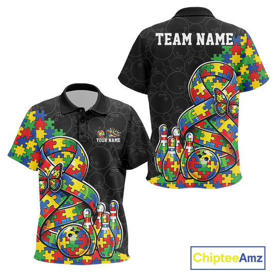 Kid polo shirt mockup front and back featuring large autism awareness ribbon filled with puzzle pattern, butterfly, and bowling ball striking pins on black shirt