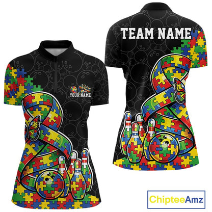 Front and back view of a women’s quarter-zip bowling shirt mockup in black, featuring a large autism awareness ribbon filled with puzzle pattern, colorful butterfly, and bowling ball striking pins.