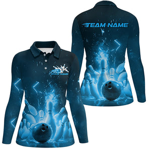 Custom Blue Flame Ladies Bowling Shirts, Bowling Team League Shirt Bowler Uniform Outfits IPHW7889