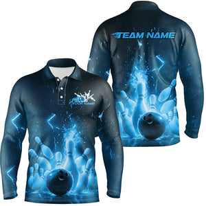 Custom Blue Flame Bowling Shirts For Men, Fire Bowling Team League Shirt Bowler Uniform Outfits IPHW7889