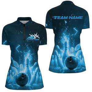 Custom Blue Flame Ladies Bowling Shirts, Bowling Team League Shirt Bowler Uniform Outfits IPHW7889