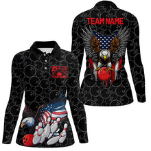 Load image into Gallery viewer, American Eagle Custom Patriotic US Flag Ladies Bowling Shirts, Black Bowling Team Uniform IPHW7891