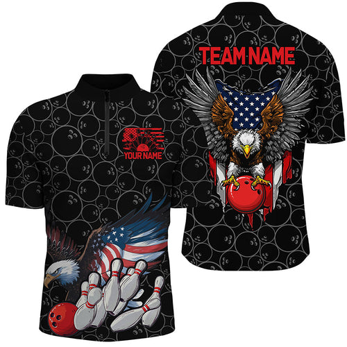 American Flag Eagle Custom Patriotic Us Flag Bowling Shirts For Men, Black Bowling Team Uniform IPHW7891