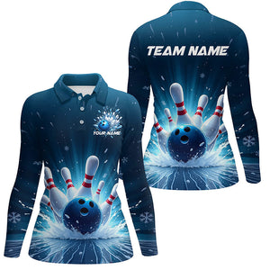 Custom Blue Icy Bowling Shirts For Women, Icy Crystaline Bowling Team Shirt Bowler Outfits IPHW7893