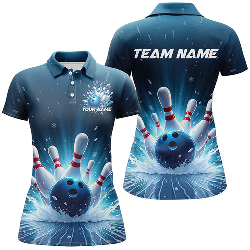 Custom Blue Icy Bowling Shirts For Women, Icy Crystaline Bowling Team Shirt Bowler Outfits IPHW7893