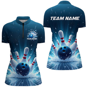 Custom Blue Icy Bowling Shirts For Women, Icy Crystaline Bowling Team Shirt Bowler Outfits IPHW7893