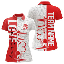 Load image into Gallery viewer, White And Red Custom Love Bowling Polo Shirts For Women, Valentines Couple Bowling Jerseys IPHW8324