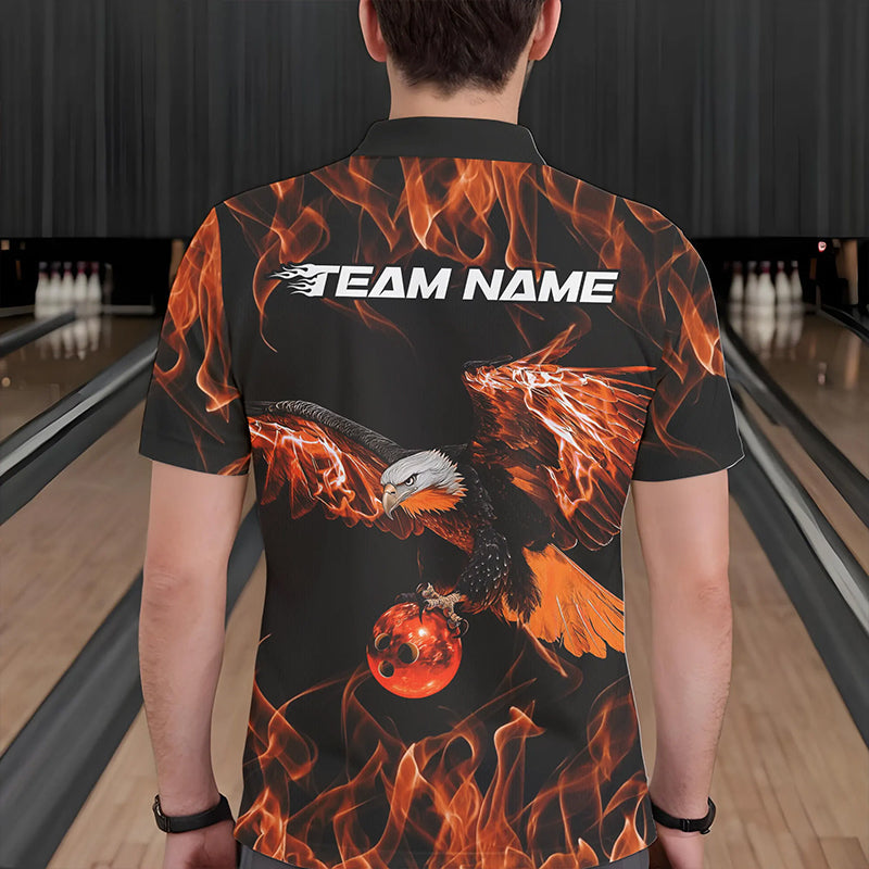 Custom Black And Orange Flame Eagle Bowling Team Men Polo Shirts, Eagle Bowling League Shirt IPHW8799