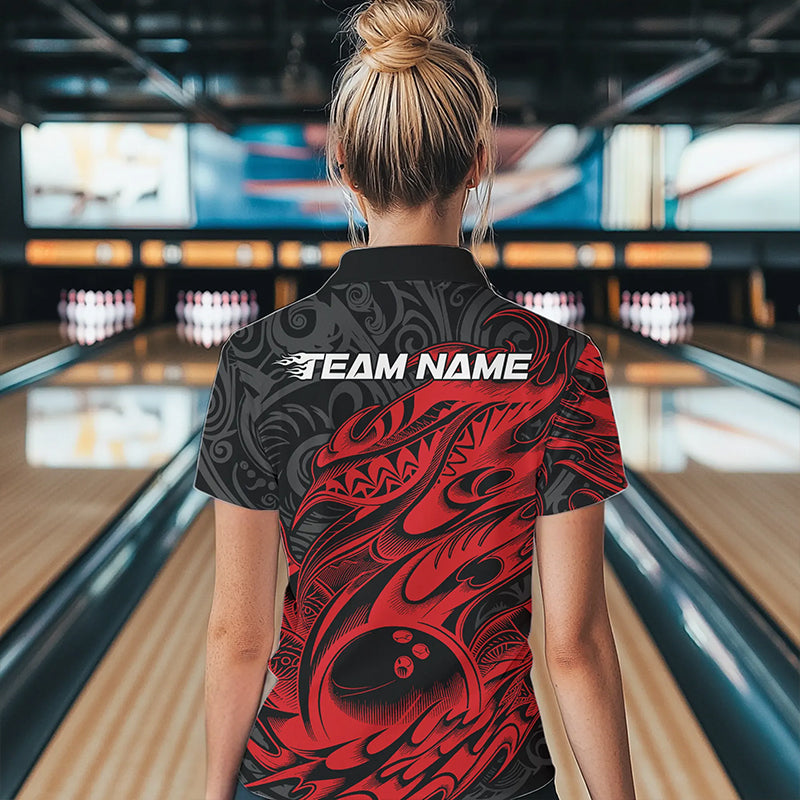 Custom Black And Red Tribal Polynesian Bowling Team Women Polo Shirts, Niho Mano Bowling IPHW8811