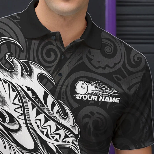 Custom Black And White Tribal Polynesian Bowling Team Men Polo Shirts, Niho Mano Bowling Shirt IPHW8812