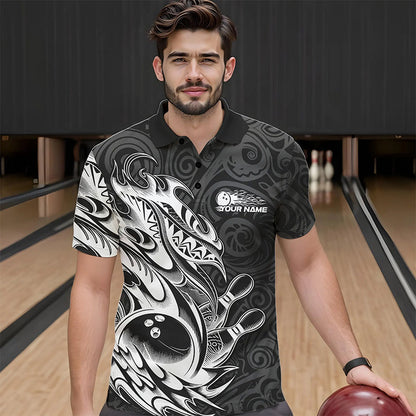 Custom Black And White Tribal Polynesian Bowling Team Men Polo Shirts, Niho Mano Bowling Shirt IPHW8812