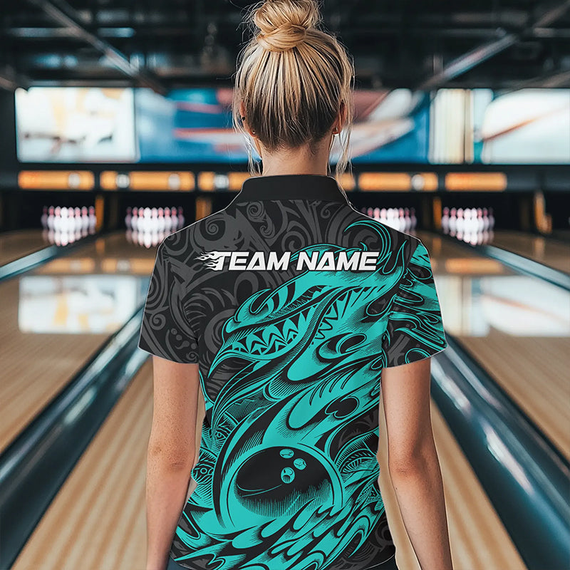 Custom Black And Blue Tribal Polynesian Bowling Team Women Polo Shirts, Bowlers Outfits IPHW8813
