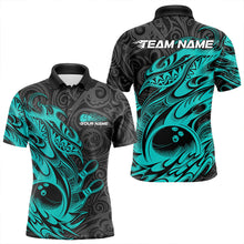 Load image into Gallery viewer, Custom Black And Blue Tribal Polynesian Bowling Team Men Polo Shirts, Niho Mano Bowling Shirt IPHW8813