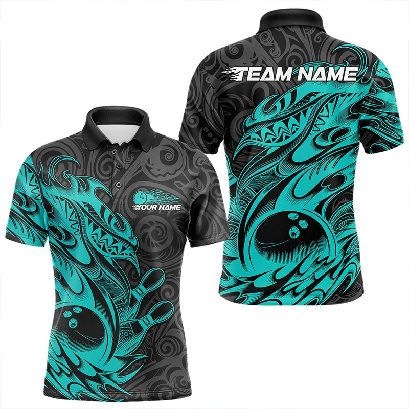 Custom Black And Blue Tribal Polynesian Bowling Team Men Polo Shirts, Niho Mano Bowling Shirt IPHW8813