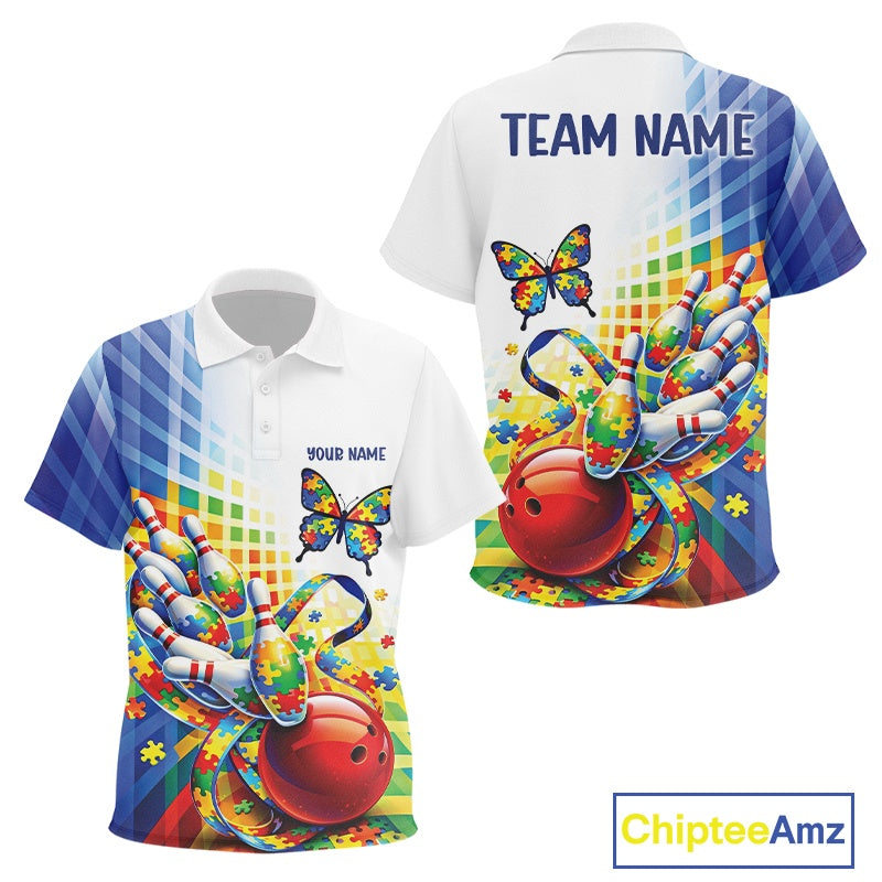 Kid polo shirt mockup front and back views featuring puzzle pattern bowling design with multi-colored butterfly and swirling puzzle ribbon on white and blue fabric