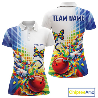 Women’s polo shirt mockup front and back showing puzzle pattern bowling with butterfly and swirling ribbon accents on white and blue fabric
