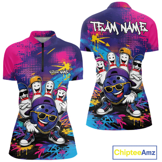 Front and back views of a women's short-sleeve quarter-zip performance shirt featuring a colorful graffiti-style bowling-themed graphic with cartoon bowling balls and pins, customizable text placeholders, and a ChipteeAmz logo in the bottom right corner.