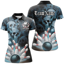 Load image into Gallery viewer, Black And Blue Custom Skull Ladies Bowling Shirts, Gothic Bowling Team Halloween Outfits IPHW7671