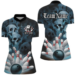 Black And Blue Custom Skull Ladies Bowling Shirts, Gothic Bowling Team Halloween Outfits IPHW7671