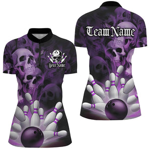 Black And Purple Custom Skull Ladies Bowling Shirts, Gothic Bowling Team Halloween Outfits IPHW7672