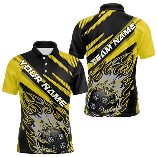 Black And Yellow Custom Flame Pickleball Polo Shirts For Men, Pickleball Jerseys IPHW8103
