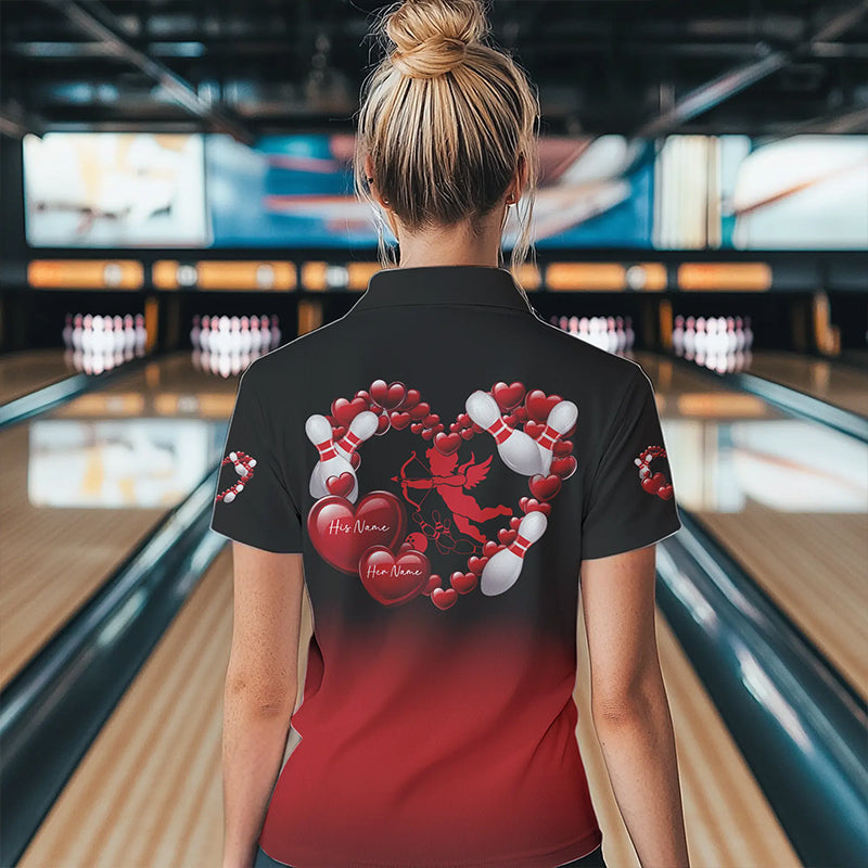 Black And Red Custom Valentines Day Bowling Polo Shirts For Women, Bowling Couple Shirt IPHW8334
