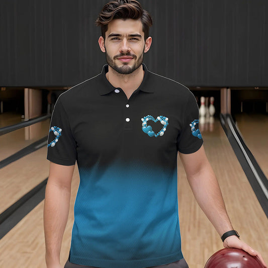 Black And Blue Custom Valentines Day Bowling Polo Shirts For Men, Bowling Couple Shirt IPHW8335