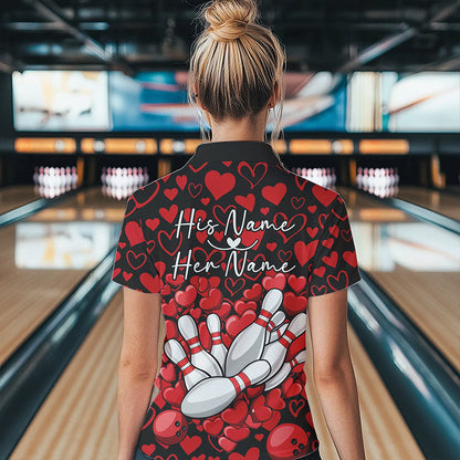 Black And Red Heart Custom Valentines Bowling Polo Shirt For Women, Couple Bowling Shirt IPHW8336