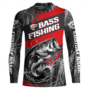 Black And Red Camo Bass Long Sleeve Tournament Fishing Shirts, Custom Bass Fishing Jerseys IPHW6315