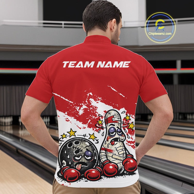 Male model in a bowling lane wearing a red and white quarter-zip shirt, cartoon boxing bowling strike design with dynamic action feel.