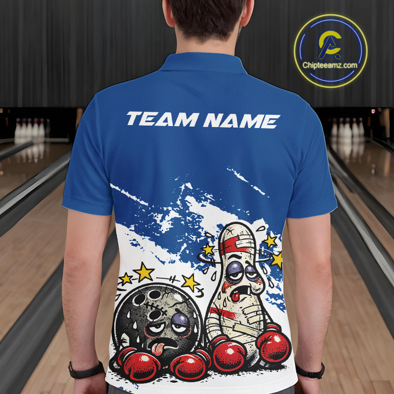 Back view of a male bowler wearing a blue and white polo shirt, boxing-style bowling strike illustration with playful beaten-up character concept.