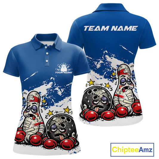 Front and back view of a women’s polo shirt mockup in blue and white, featuring boxing bowling ball and pin cartoon illustration.