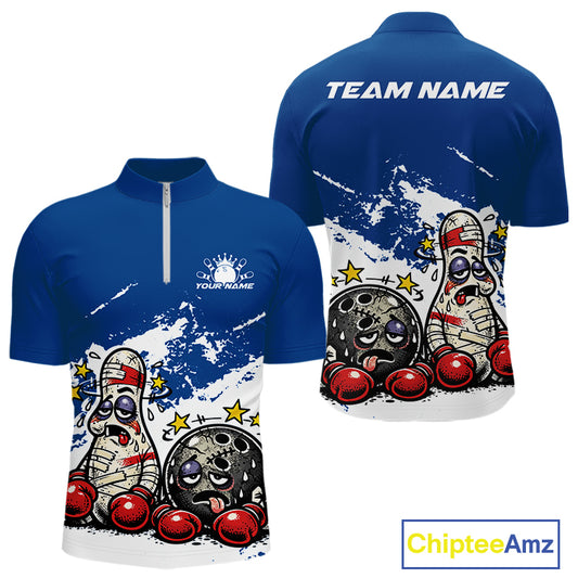Front and back view of a men’s quarter-zip bowling shirt mockup in blue and white, featuring boxing-style bowling ball and pin illustration.