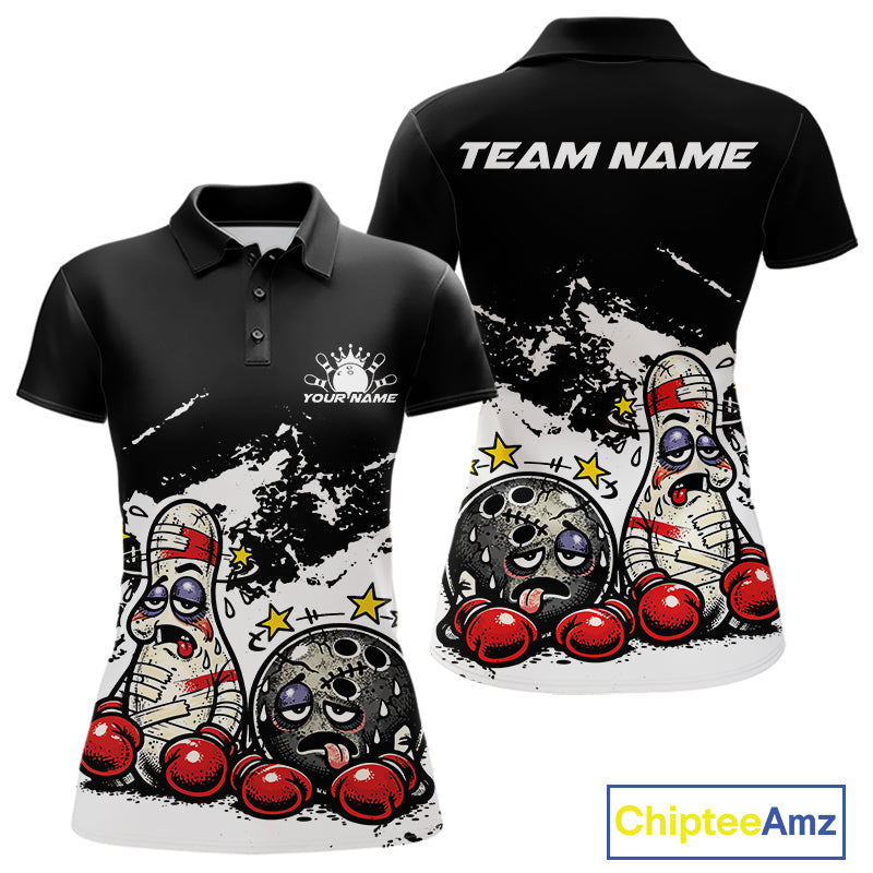 Front and back view of a women’s polo shirt mockup in black and white, featuring boxing-style bowling ball and pin illustration.