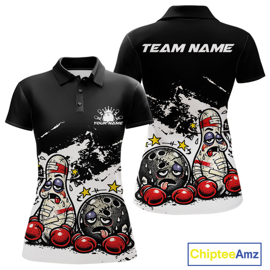 Front and back view of a women’s polo shirt mockup in black and white, featuring boxing-style bowling ball and pin illustration.