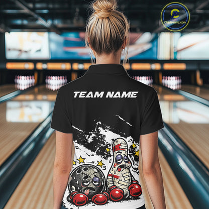 Back view of a female bowler wearing a black and white polo shirt, humorous boxing bowling ball and pin illustration with clean graphic style.