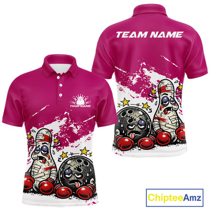 Front and back view of a men’s polo shirt mockup in pink and white, featuring boxing-style bowling ball and pin cartoon illustration.