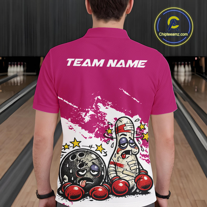 Back view of a male bowler wearing a pink and white polo shirt, boxing-style bowling ball and pin illustration with cartoon fight concept.