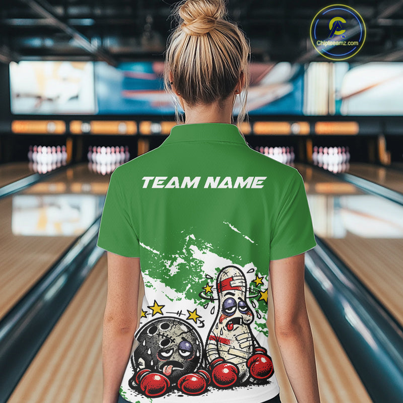 Back view of a female bowler wearing a green and white polo shirt, humorous boxing-style bowling pin illustration with lively design.