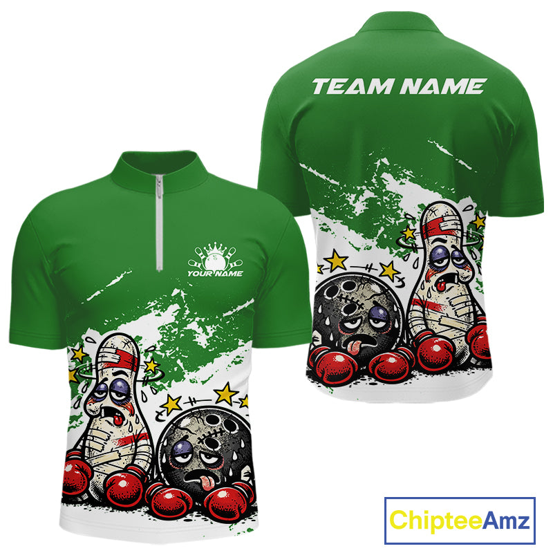 Front and back view of a men’s quarter-zip bowling shirt mockup in green and white, featuring funny cartoon boxing-style bowling ball and pin illustration.