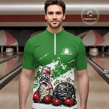 Load image into Gallery viewer, Custom Funny Boxing Bowling Men Quarter-Zip Shirt, Green Grunge Bowling Team Tournament Jersey IPHW11225